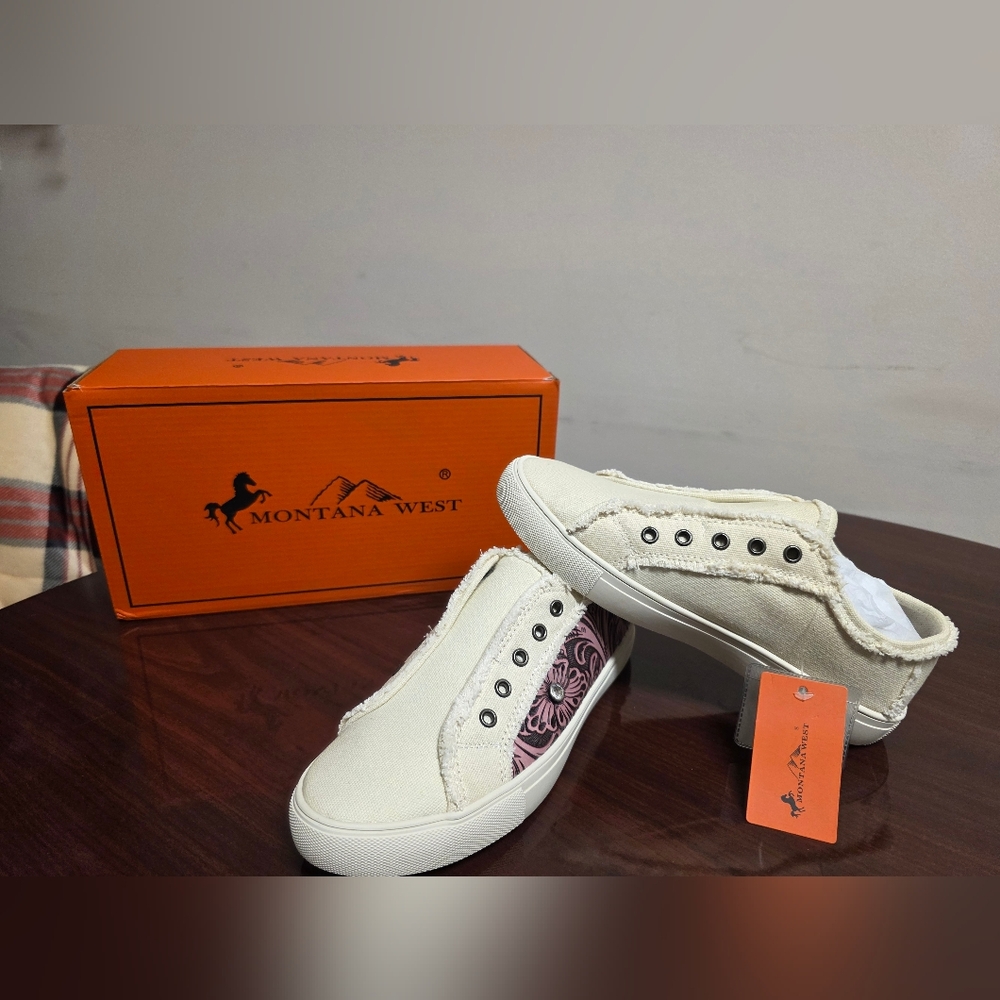 Montana West Women's Cream Canvas Slip-On Sneakers with Embroidered Side Panel